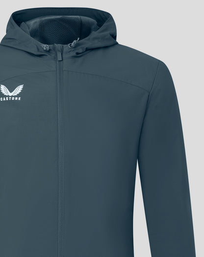 Hooded front of dark slate rain jacket showing mesh lining and drawcords