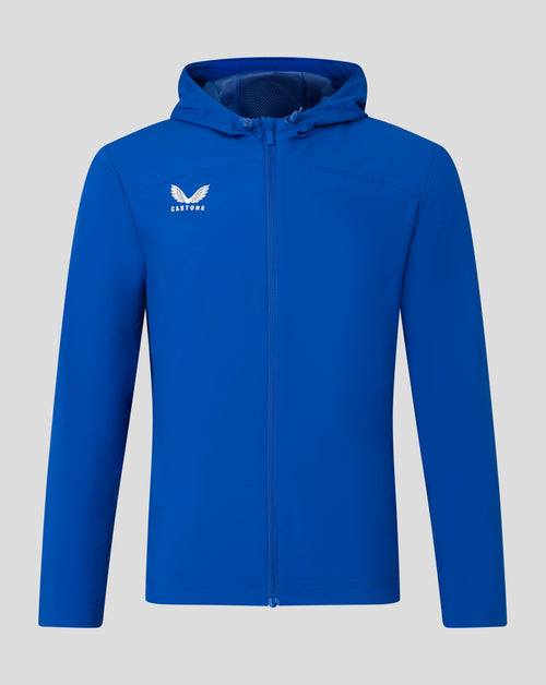 Bright blue men's rain jacket with hood, full front zipper, mesh lining and Castore logo on chest.