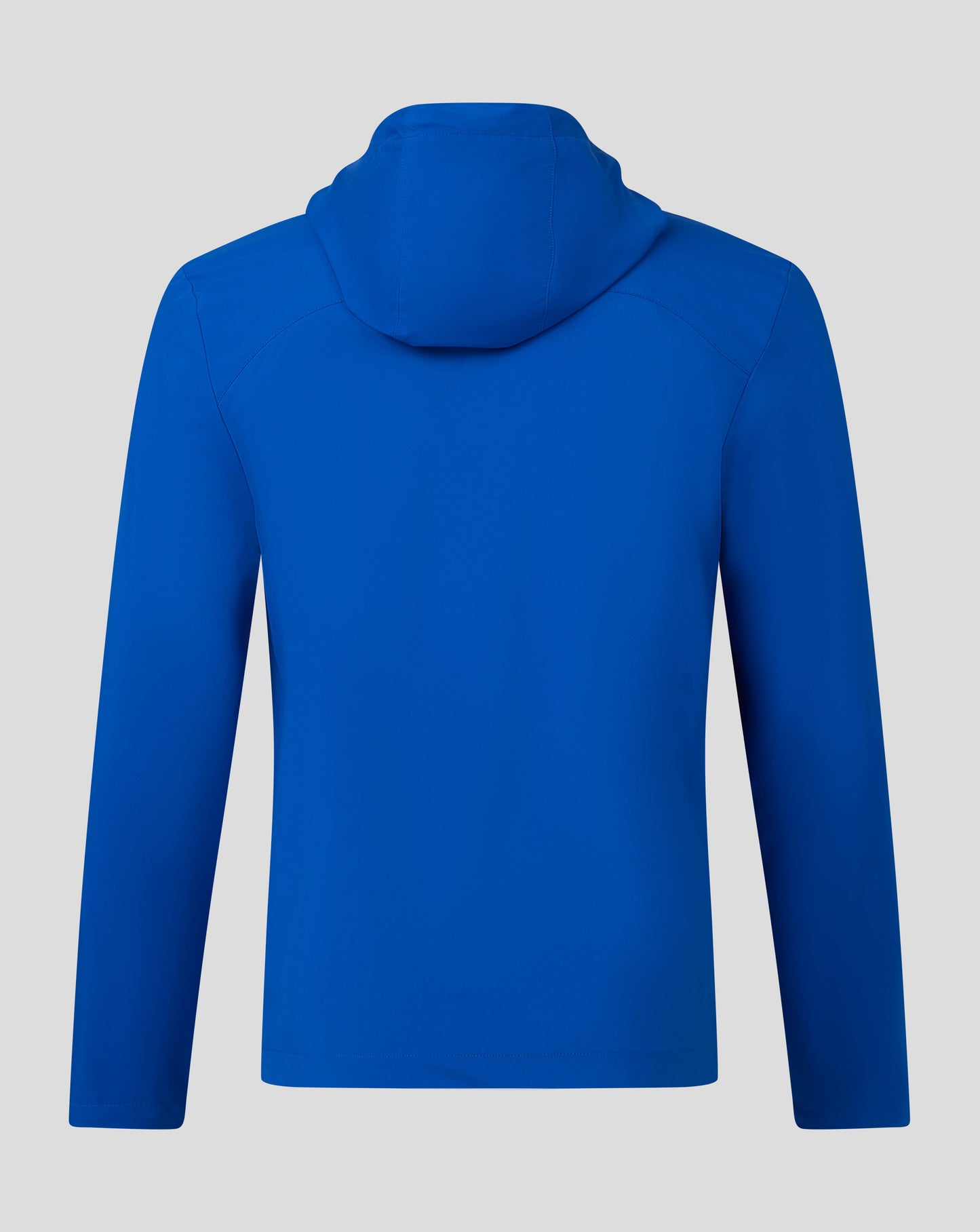 Back view of a bright blue men's rain jacket with an attached hood