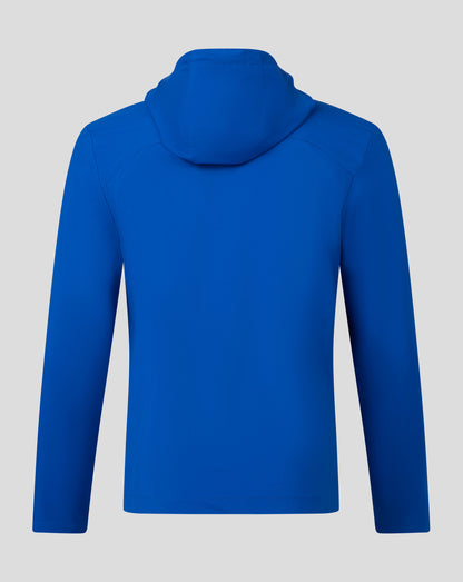 Back view of a bright blue men's rain jacket with an attached hood