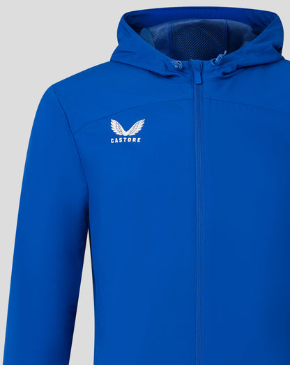 Blue rain jacket with hood, visible mesh lining and Castore logo on chest.