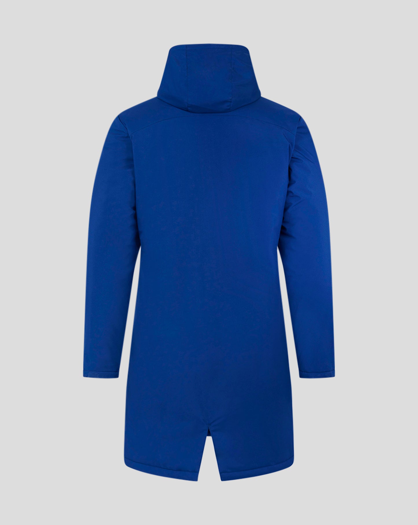 Rear view of blue hooded bench jacket showcasing its long length and roomy hood