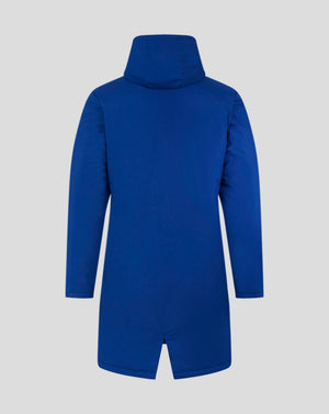 Rear view of blue hooded bench jacket showcasing its long length and roomy hood