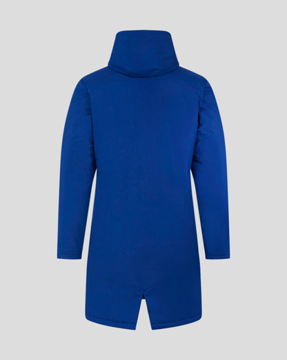 Rear view of blue hooded bench jacket showcasing its long length and roomy hood