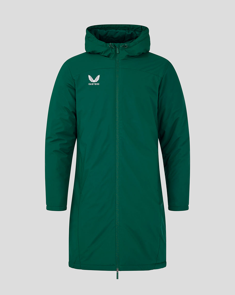 Front view of green botanical garden men's long length bench jacket with hood full zip and Castore logo on the chest