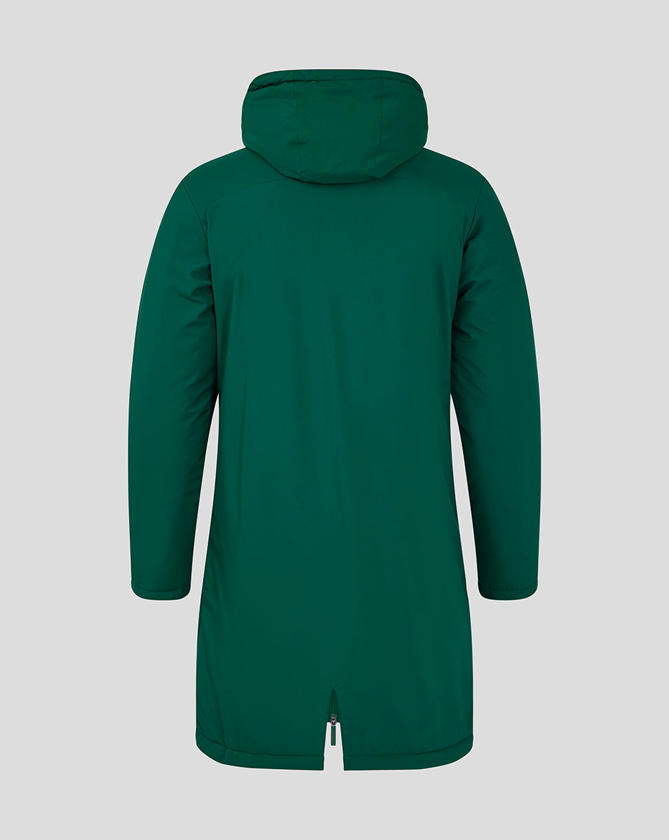 Back view of green botanical garden long length bench jacket with hood