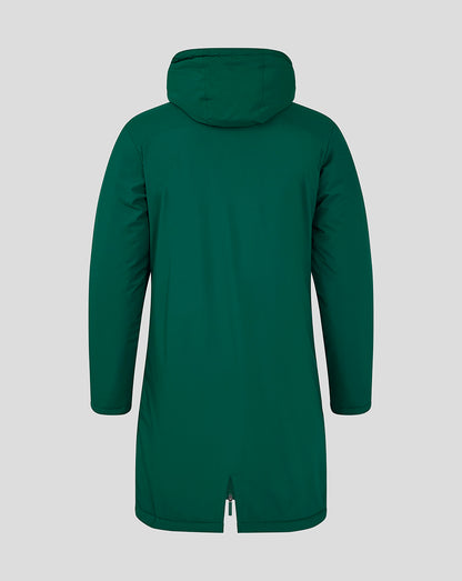 Back view of green botanical garden long length bench jacket with hood