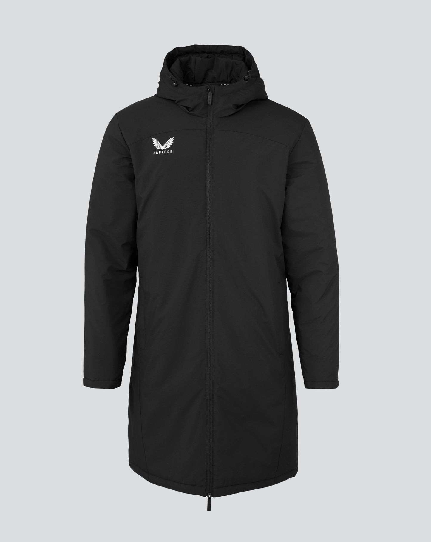 Front view of black Men s Long Length Bench Jacket with Castore logo on the left chest
