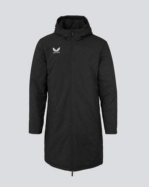Front view of black Men s Long Length Bench Jacket with Castore logo on the left chest