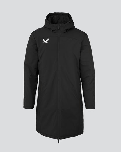 Front view of black Men s Long Length Bench Jacket with Castore logo on the left chest