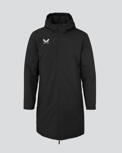 Front view of black Men s Long Length Bench Jacket with Castore logo on the left chest