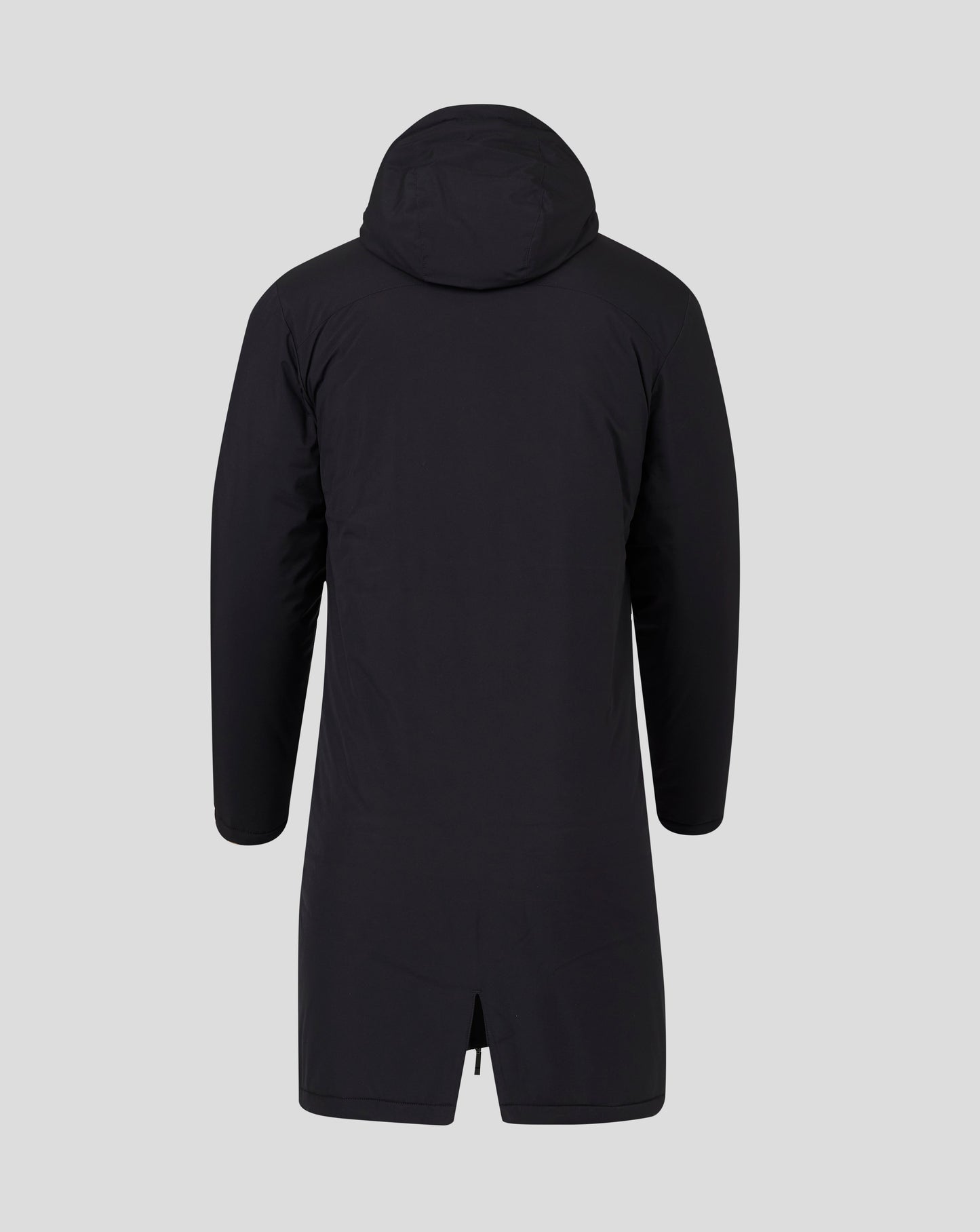 Back view of the black hooded bench jacket showing the extended length and hood silhouette