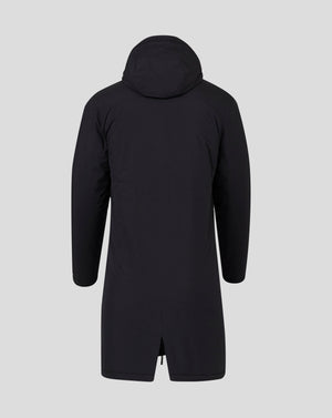 Back view of the black hooded bench jacket showing the extended length and hood silhouette