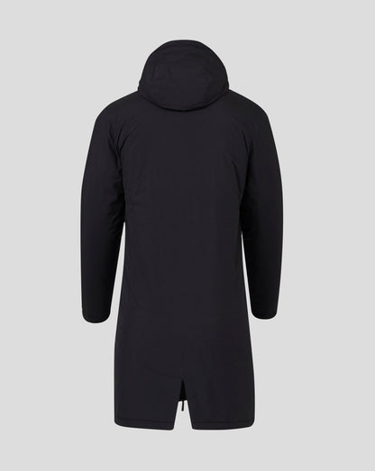 Back view of the black hooded bench jacket showing the extended length and hood silhouette