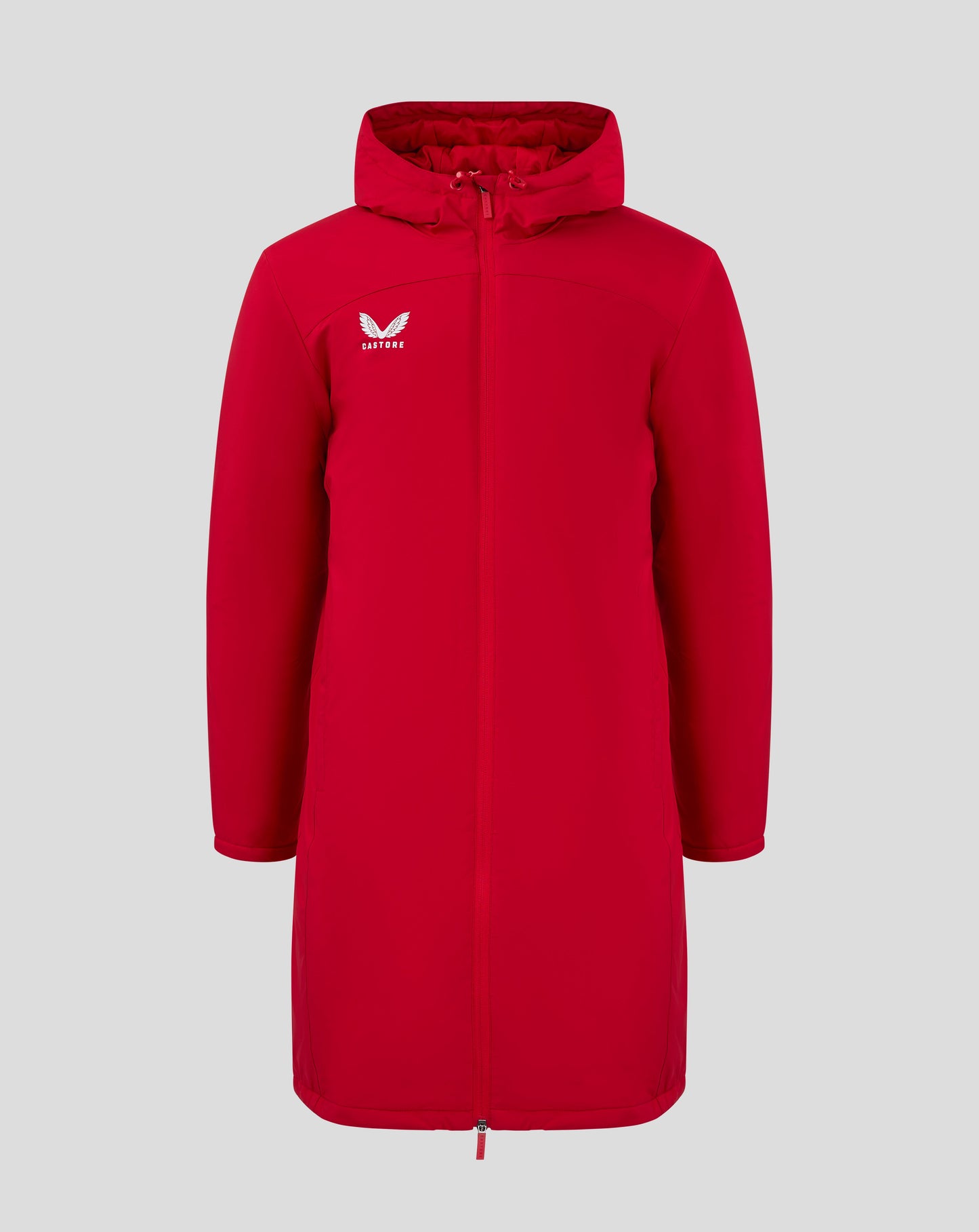 Front view of bright red bench jacket with hood full zip and Castore logo on chest
