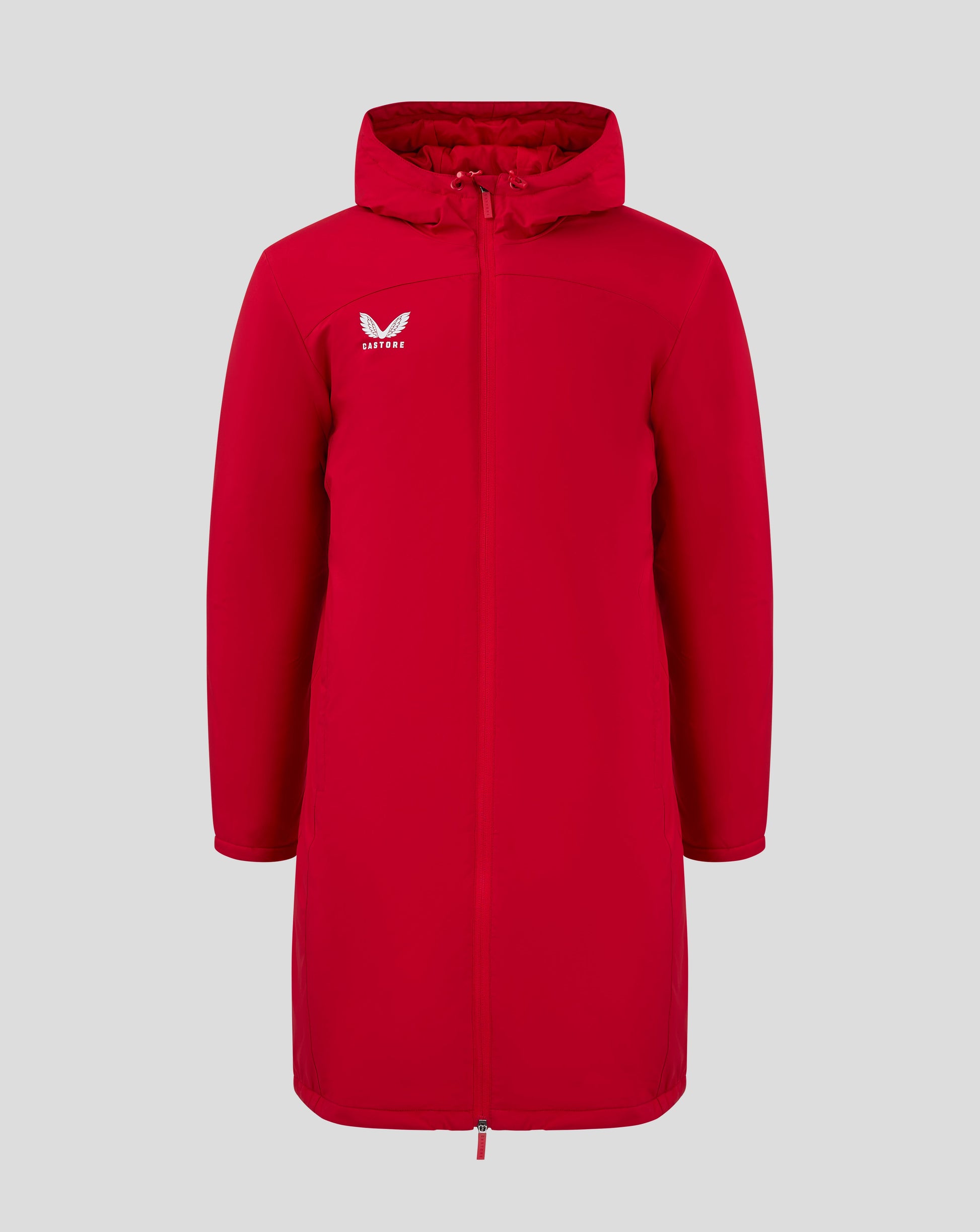 Front view of bright red bench jacket with hood full zip and Castore logo on chest