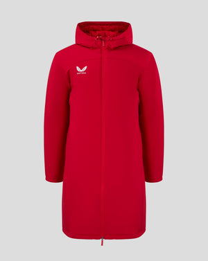 Front view of bright red bench jacket with hood full zip and Castore logo on chest