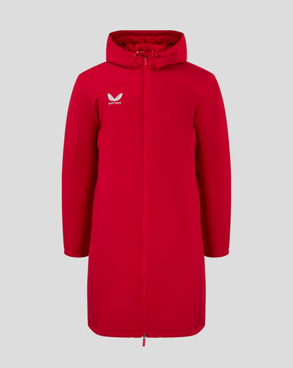 Front view of bright red bench jacket with hood full zip and Castore logo on chest