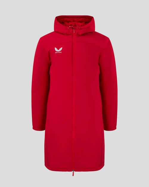 Front view of bright red bench jacket with hood full zip and Castore logo on chest