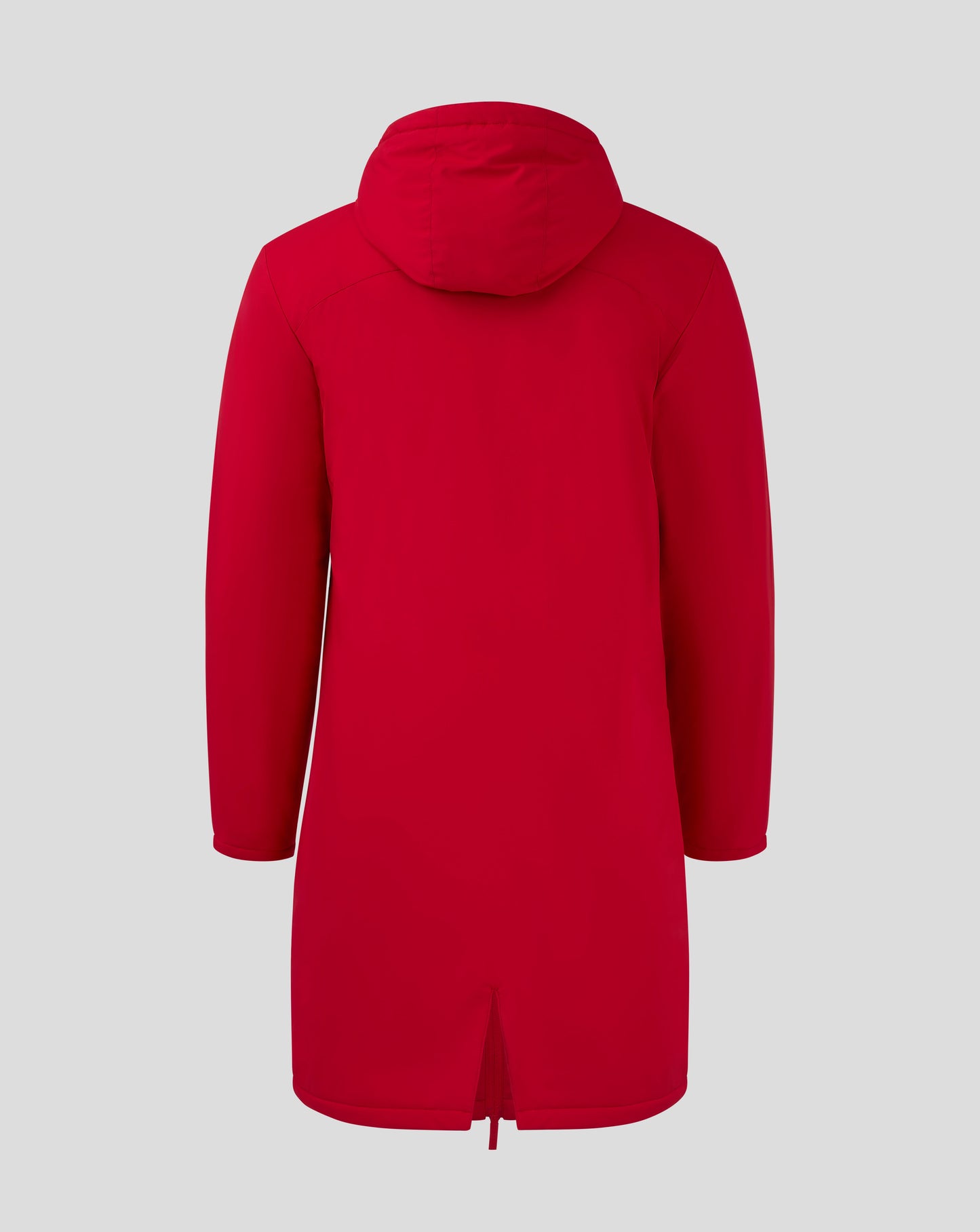 Back view of long red bench jacket with hood highlighting hood and upper back seam