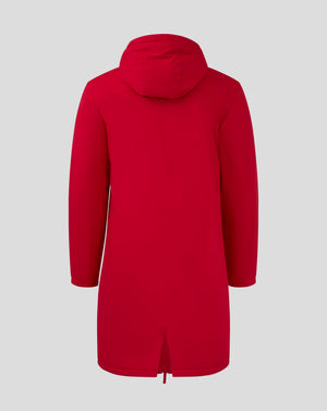 Back view of long red bench jacket with hood highlighting hood and upper back seam
