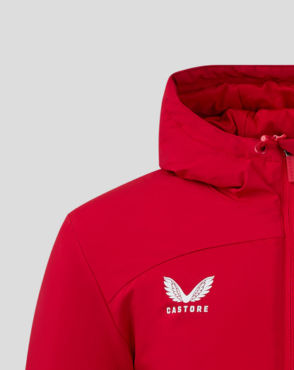 Red padded bench jacket close up showing hood edge, drawcord and front zipper with Castore logo