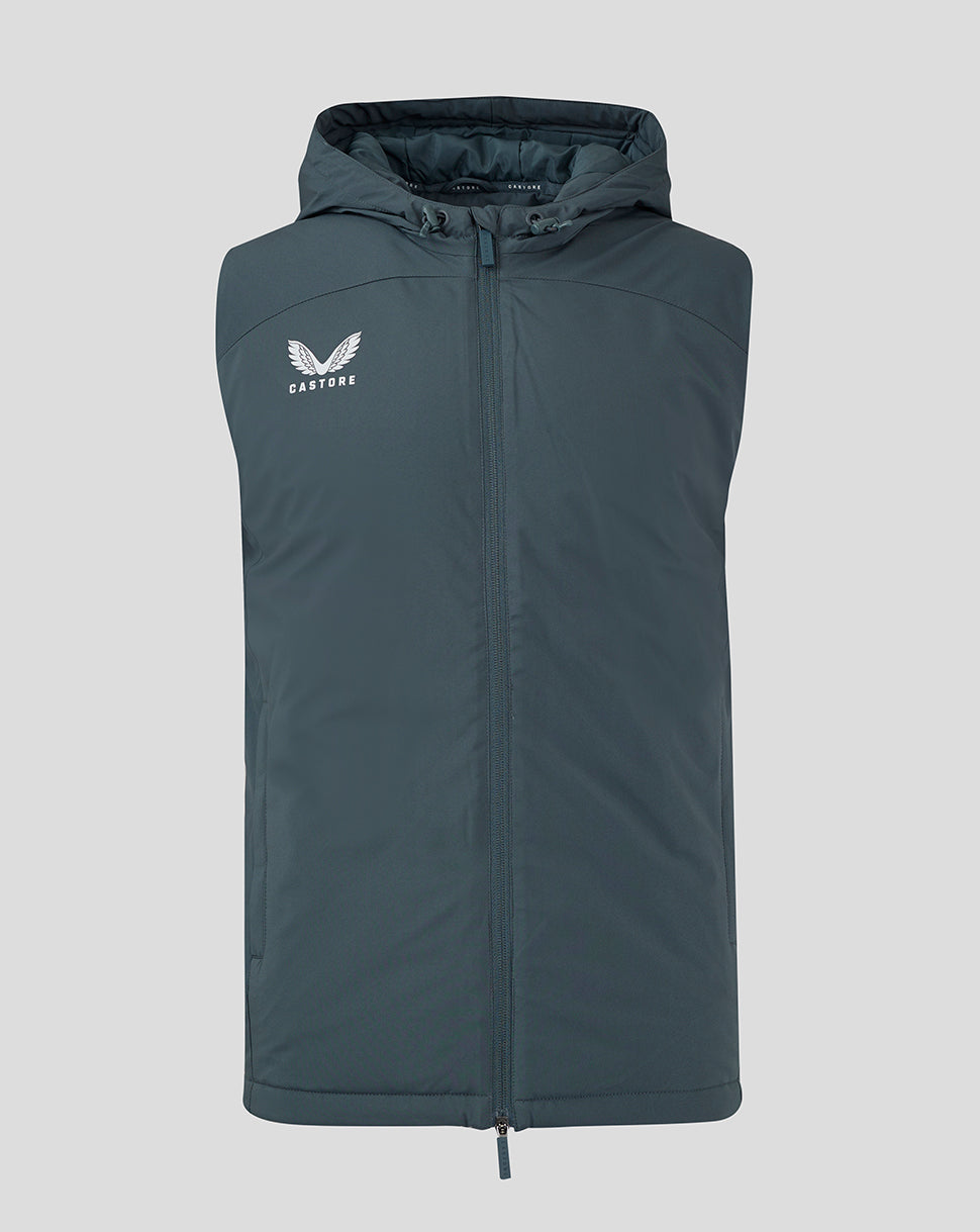 Dark slate mens hooded gilet with front zipper and winged Castore logo on the left chest