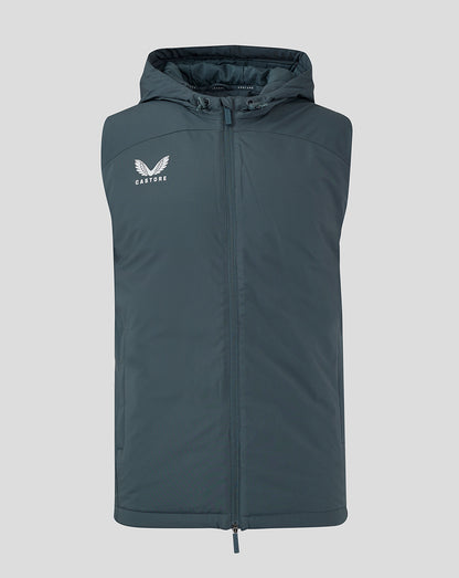 Dark slate mens hooded gilet with front zipper and winged Castore logo on the left chest
