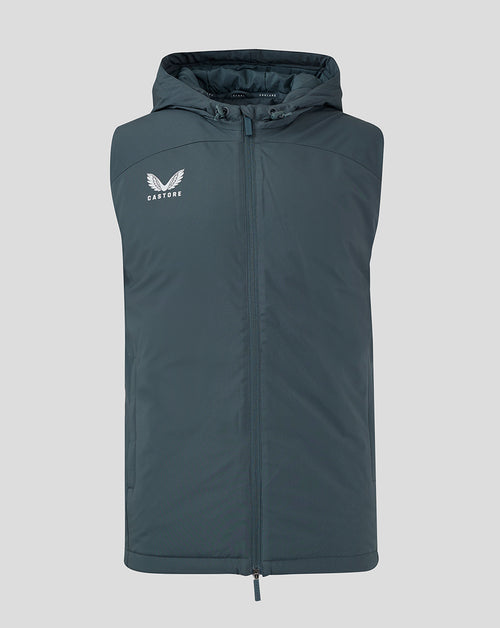 Dark slate mens hooded gilet with front zipper and winged Castore logo on the left chest