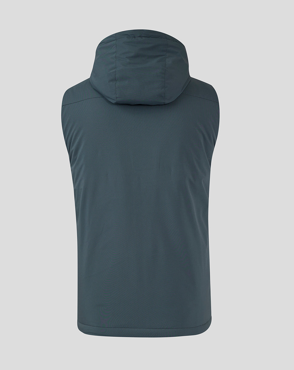 Back view of dark slate hooded gilet showing the hood and clean back panel