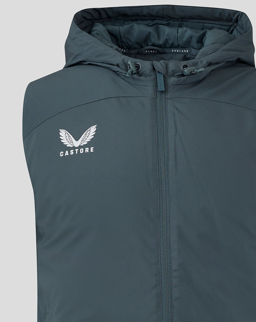 Front close up of the dark slate hooded gilet with zipper and Castore logo on the chest