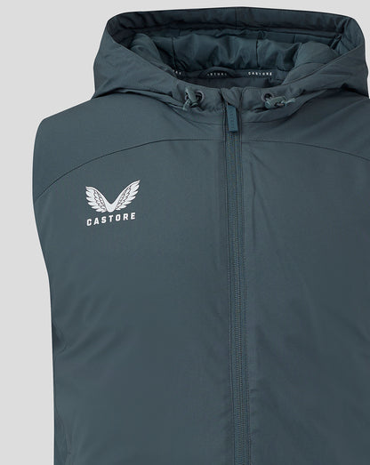 Front close up of the dark slate hooded gilet with zipper and Castore logo on the chest