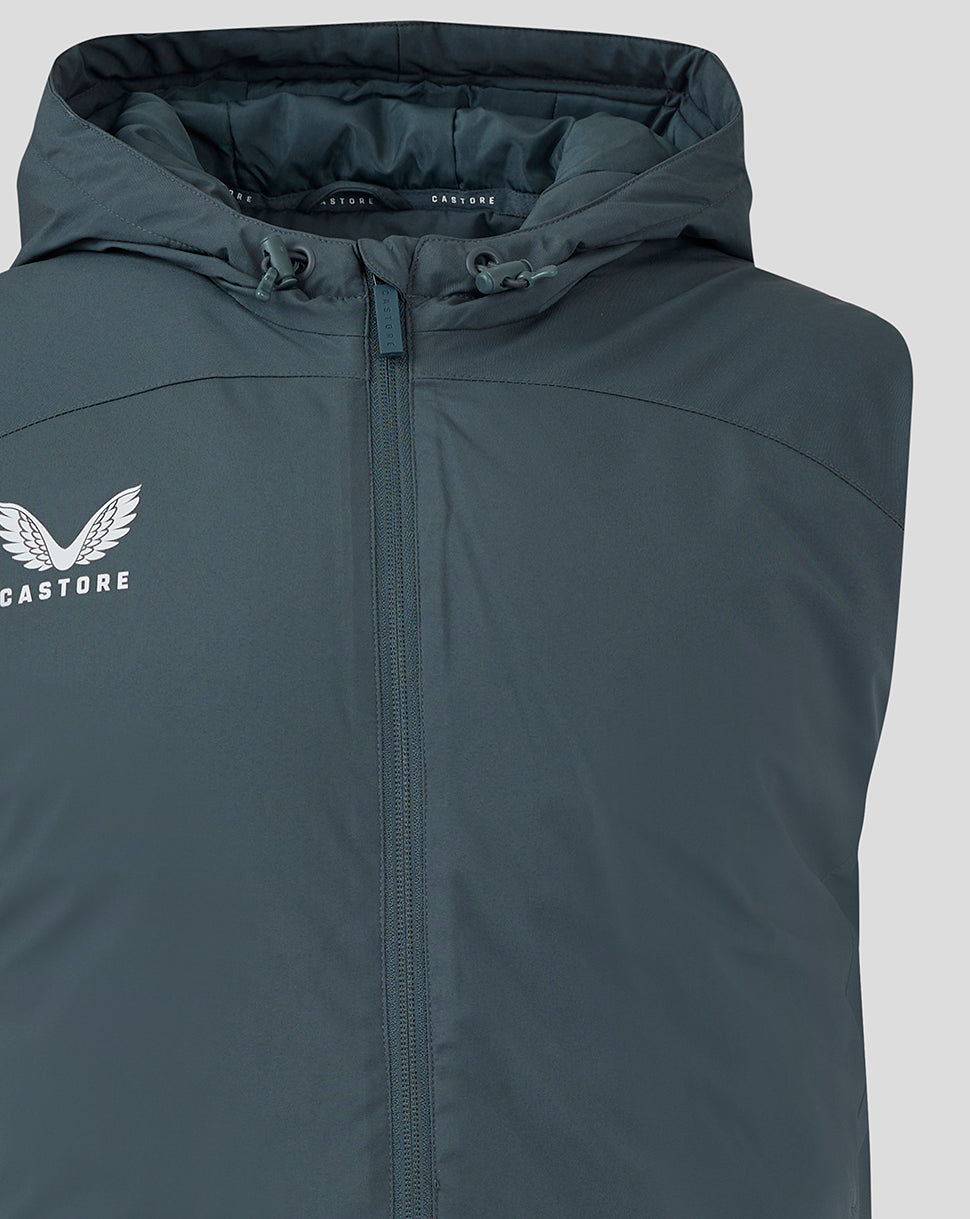 Close up of dark slate hooded gilet with centered zipper and white Castore wing logo on the left chest