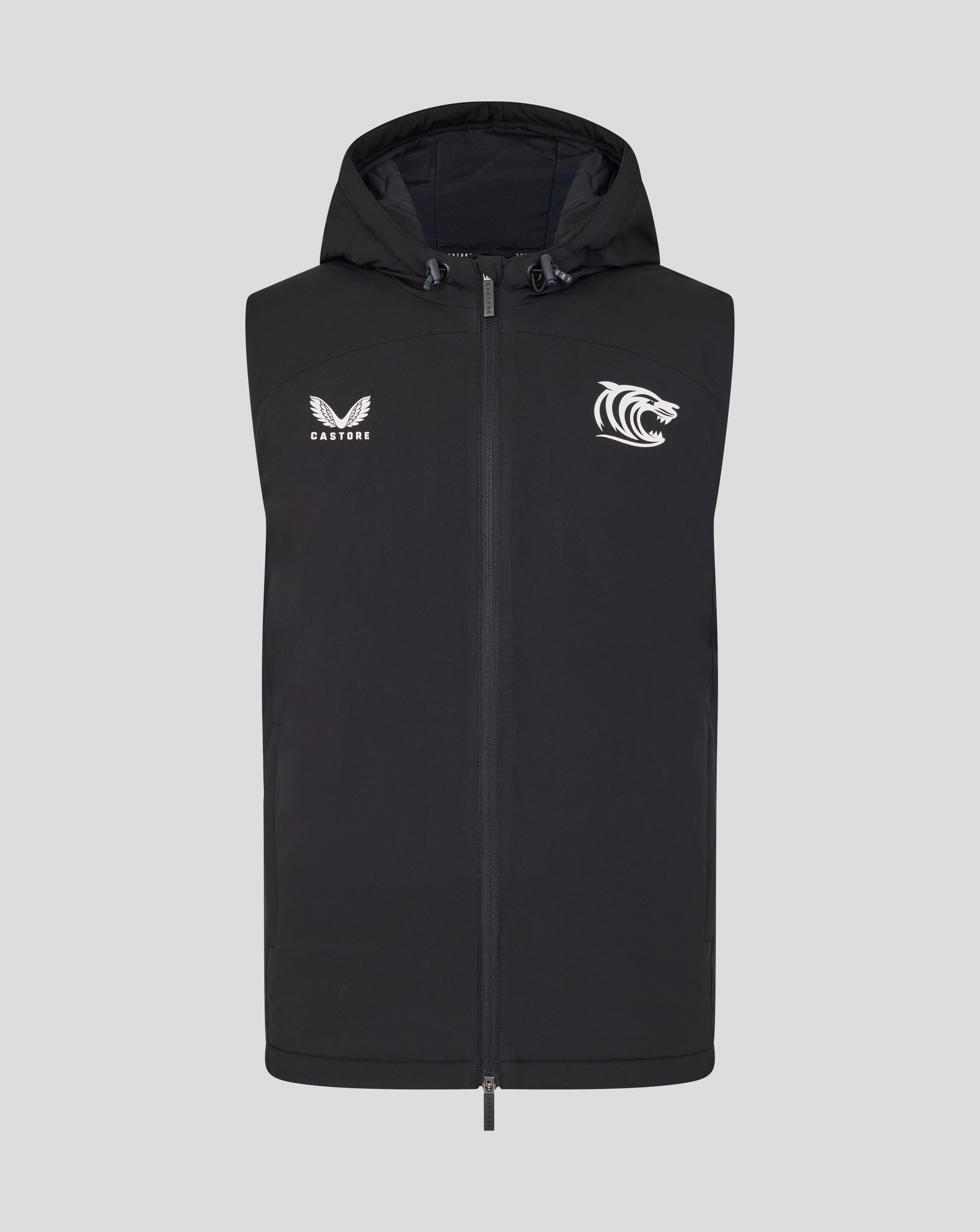 Front view of black hooded training gilet with zipper and hood drawstrings showing Castore wings logo and tiger head