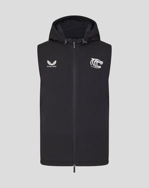 Front view of black hooded training gilet with zipper and hood drawstrings showing Castore wings logo and tiger head