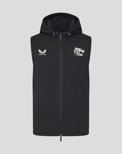 Front view of black hooded training gilet with zipper and hood drawstrings showing Castore wings logo and tiger head