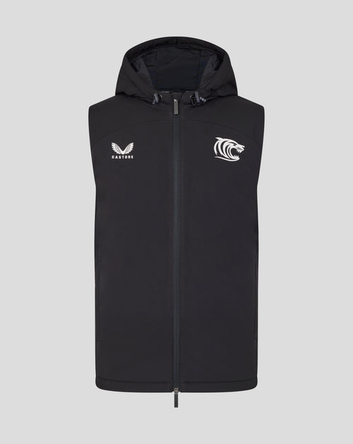 Front view of black hooded training gilet with zipper and hood drawstrings showing Castore wings logo and tiger head