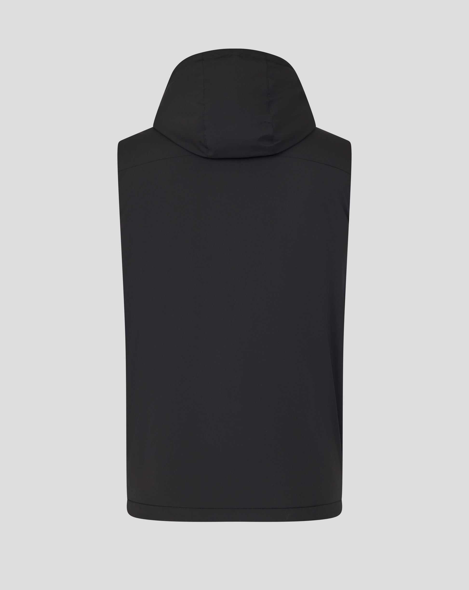 Back view of black hooded training gilet with hood and clean back seam