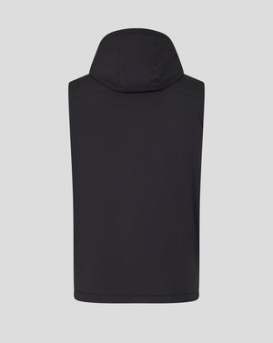 Back view of black hooded training gilet with hood and clean back seam