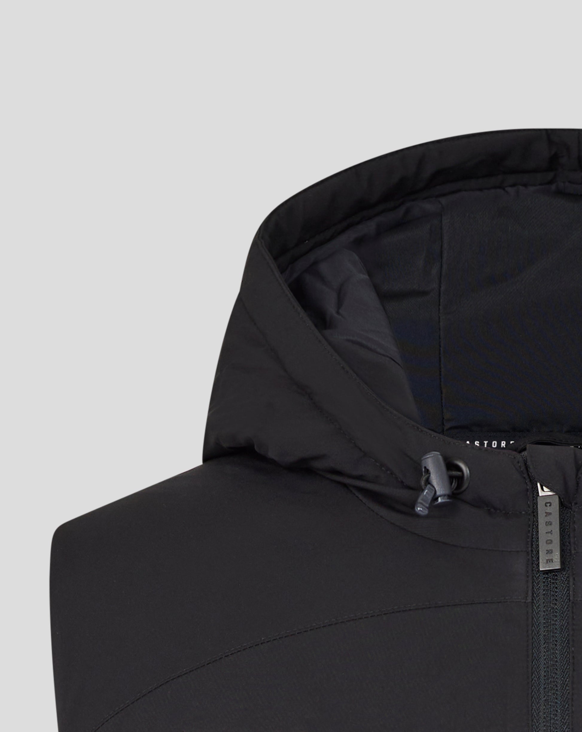 Detail of the hood edge and stitching on the black Leicester Tigers training hooded gilet.