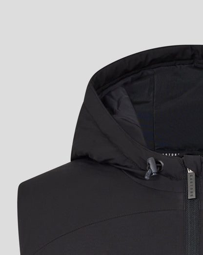 Detail of the hood edge and stitching on the black Leicester Tigers training hooded gilet.
