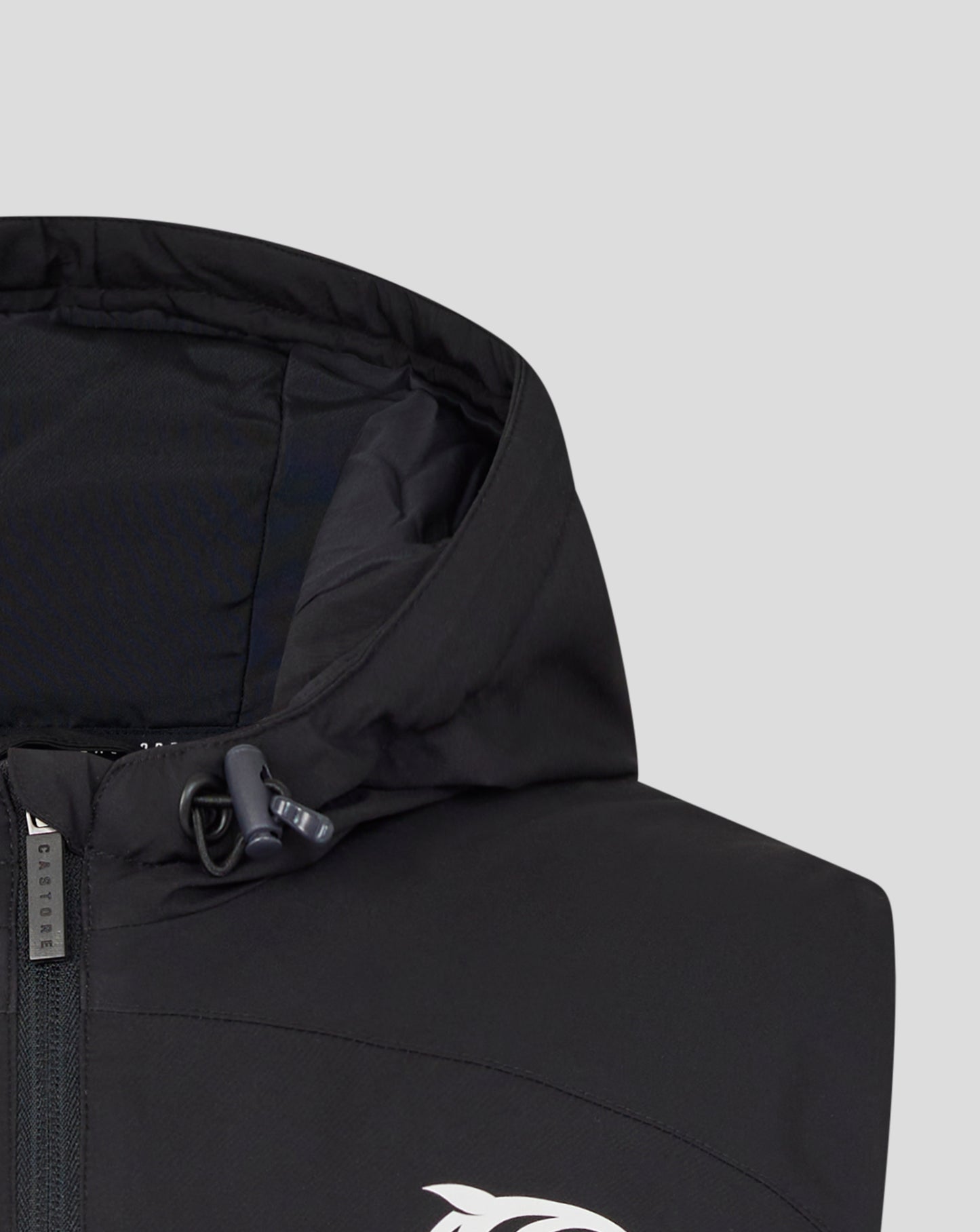 Close up of the hood neckline and drawcord on a black Leicester Tigers training hooded gilet.
