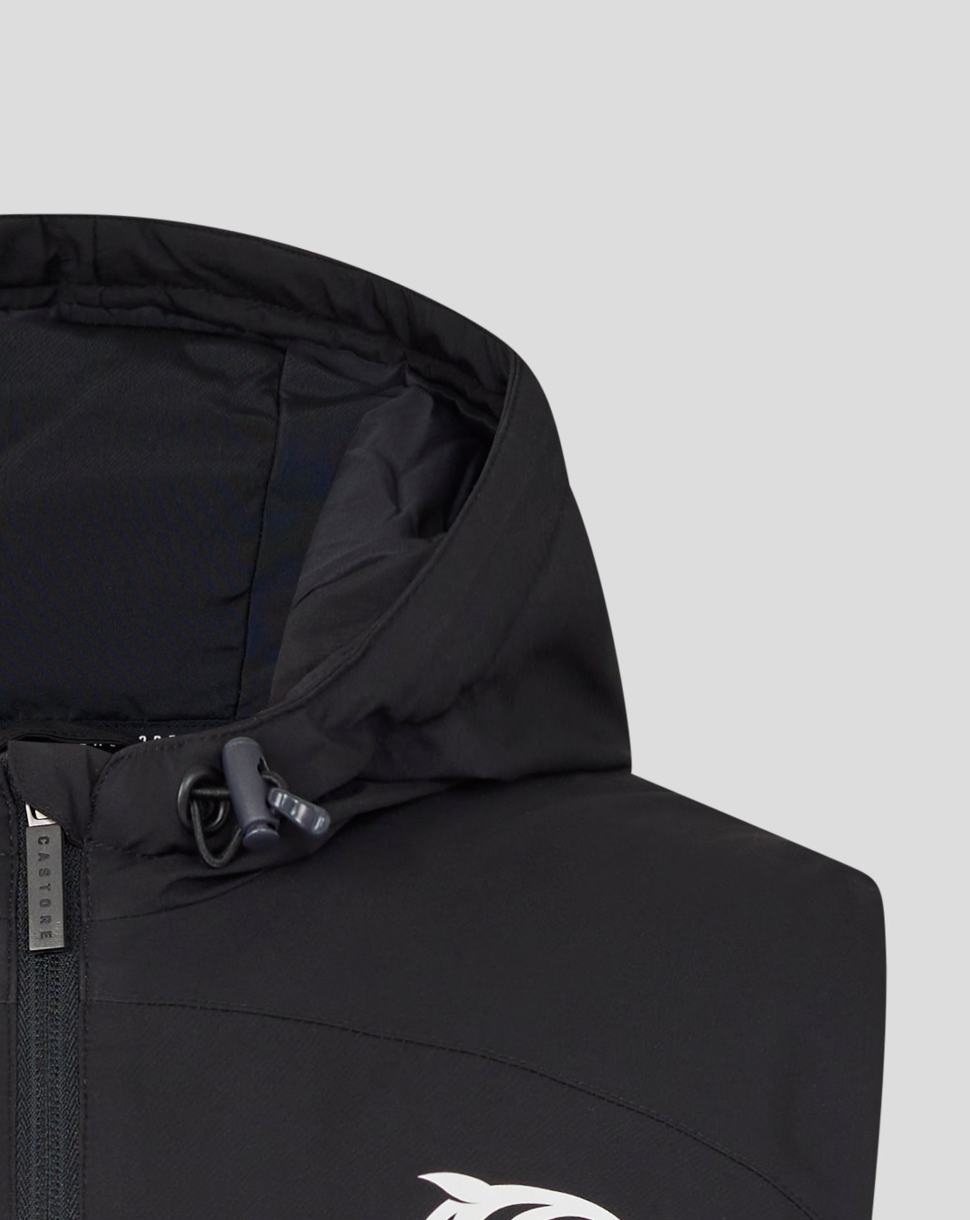 Close up of the hood neckline and drawcord on a black Leicester Tigers training hooded gilet.