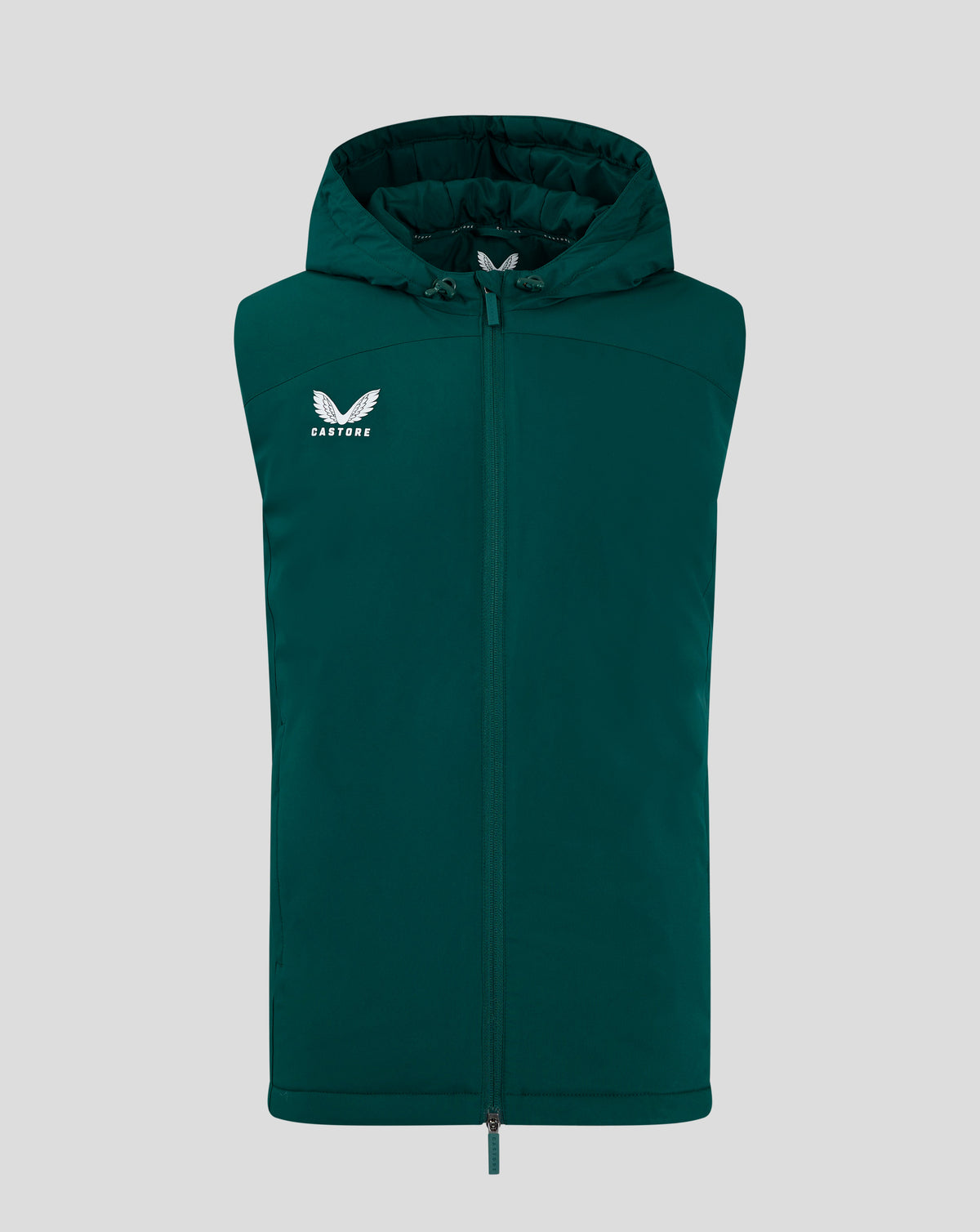 Dark green padded hooded gilet with front zipper and white Castore logo on the chest