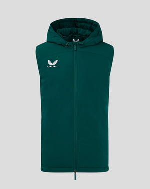 Dark green padded hooded gilet with front zipper and white Castore logo on the chest