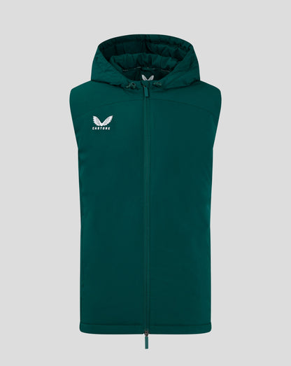 Dark green padded hooded gilet with front zipper and white Castore logo on the chest