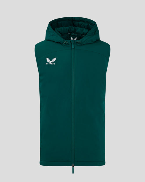 Dark green padded hooded gilet with front zipper and white Castore logo on the chest