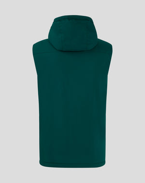 Back view of teal padded gilet with hood from the Botanical Garden collection