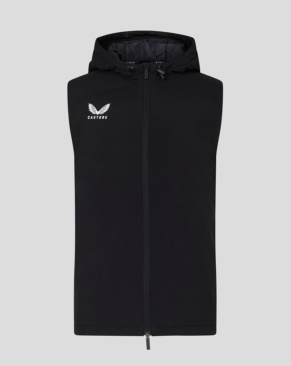 Black men's hooded gilet with front zip and Castore logo on left chest.