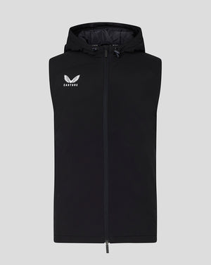 Black men's hooded gilet with front zip and Castore logo on left chest.